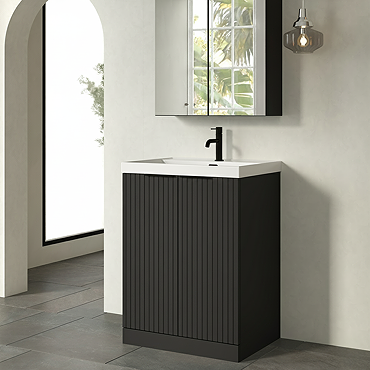 Milan Fluted 600mm Soft Black 2-Door Floor Standing Vanity Unit with Matt Black Handles