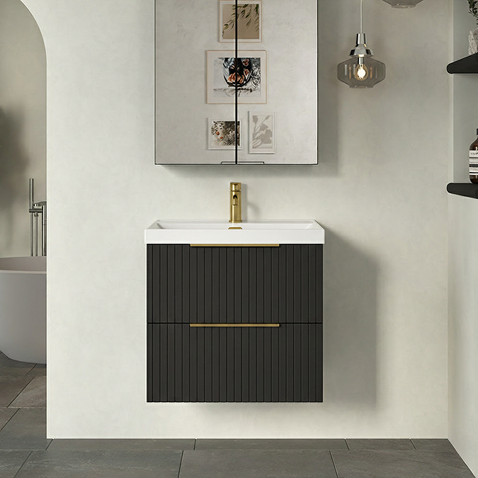 Milan Fluted 600mm Soft Black 2-Drawer Wall Hung Vanity Unit with Brushed Brass Handles