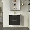 Milan Fluted 600mm Soft Black 2-Drawer Wall Hung Vanity Unit with Brushed Brass Handles