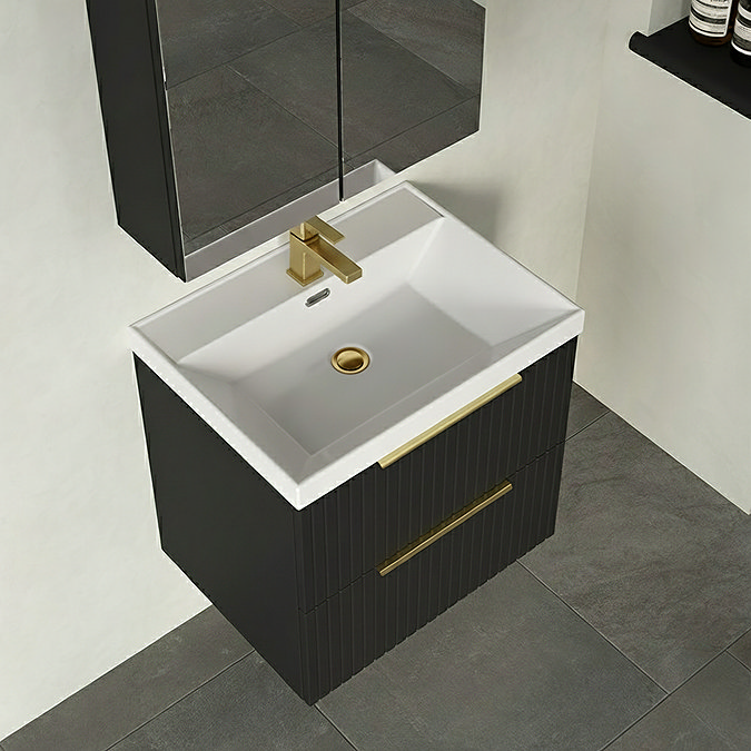 Milan Fluted 600mm Soft Black 2-Drawer Wall Hung Vanity Unit with Brushed Brass Handles