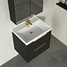 Milan Fluted 600mm Soft Black 2-Drawer Wall Hung Vanity Unit with Brushed Brass Handles