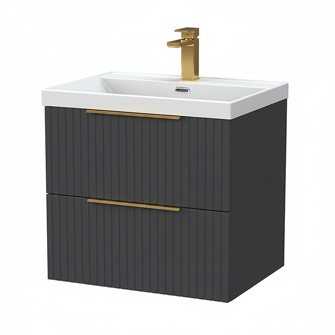 Milan Fluted 600mm Soft Black 2-Drawer Wall Hung Vanity Unit with Brushed Brass Handles