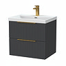 Milan Fluted 600mm Soft Black 2-Drawer Wall Hung Vanity Unit with Brushed Brass Handles