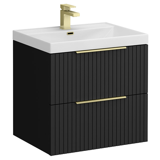 Milan Fluted 600mm Soft Black 2-Drawer Wall Hung Vanity Unit with Brushed Brass Handles