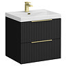 Milan Fluted 600mm Soft Black 2-Drawer Wall Hung Vanity Unit with Brushed Brass Handles