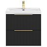 Milan Fluted 600mm Soft Black 2-Drawer Wall Hung Vanity Unit with Brushed Brass Handles