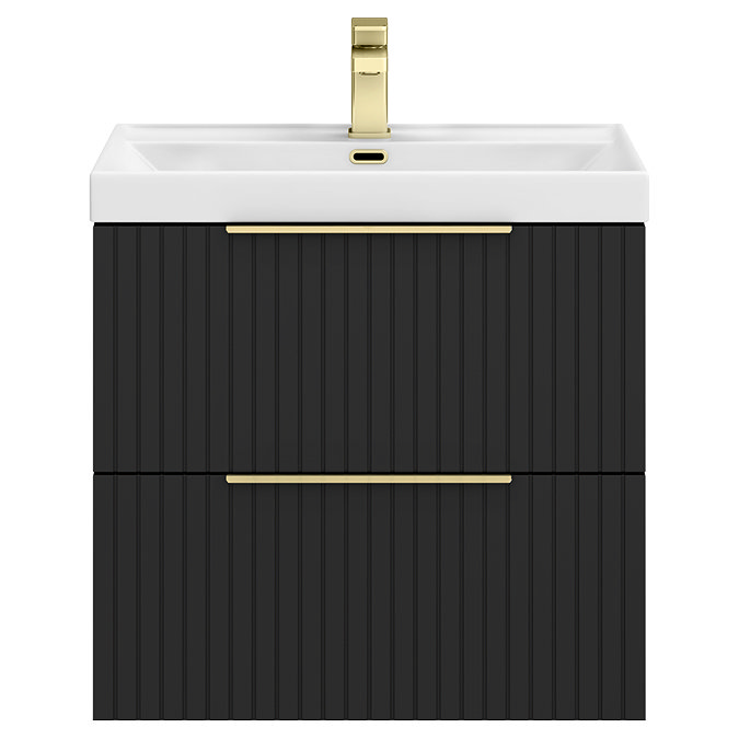 Milan Fluted 600mm Soft Black 2-Drawer Wall Hung Vanity Unit with Brushed Brass Handles