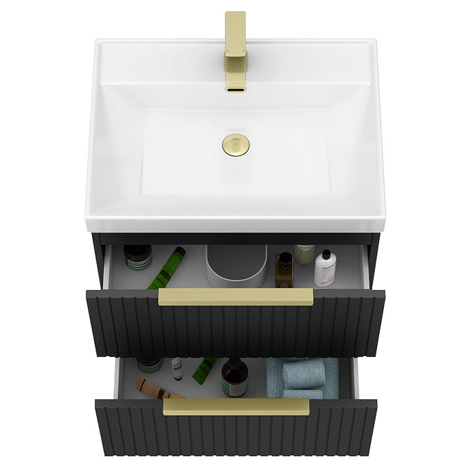 Milan Fluted 600mm Soft Black 2-Drawer Wall Hung Vanity Unit with Brushed Brass Handles