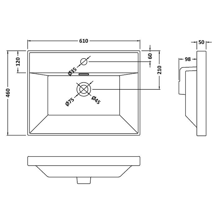 Milan Fluted 600mm Soft Black 2-Drawer Wall Hung Vanity Unit with Brushed Brass Handles