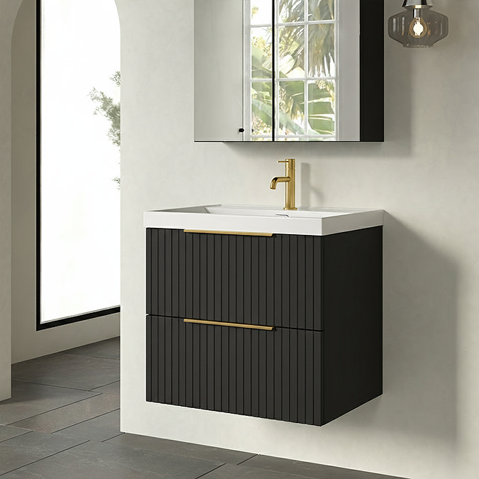 Milan Fluted 600mm Soft Black 2-Drawer Wall Hung Vanity Unit with Brushed Brass Handles