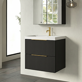 Milan Fluted 600mm Soft Black 2-Drawer Wall Hung Vanity Unit with Brushed Brass Handles