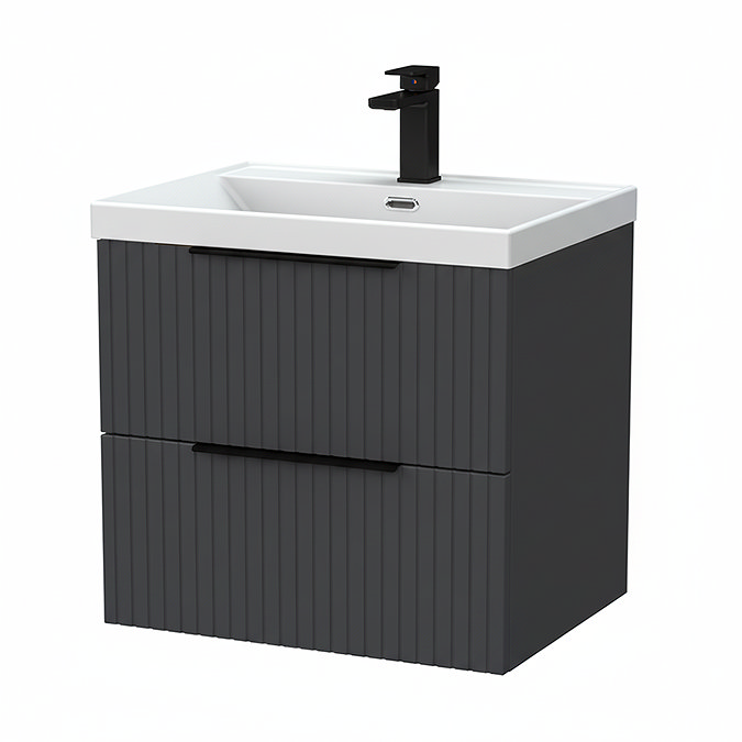 Milan Fluted 600mm Soft Black 2-Drawer Wall Hung Vanity Unit with Matt Black Handles
