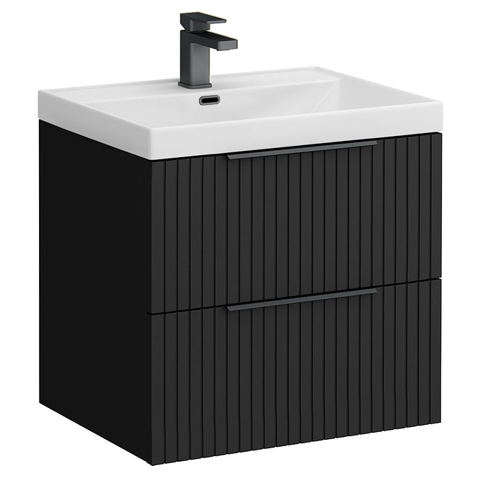 Milan Fluted 600mm Soft Black 2-Drawer Wall Hung Vanity Unit with Matt Black Handles