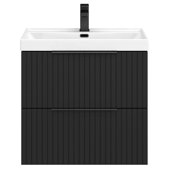 Milan Fluted 600mm Soft Black 2-Drawer Wall Hung Vanity Unit with Matt Black Handles