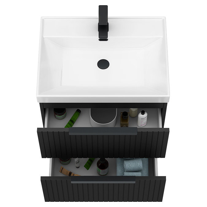 Milan Fluted 600mm Soft Black 2-Drawer Wall Hung Vanity Unit with Matt Black Handles