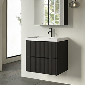 Milan Fluted 600mm Soft Black 2-Drawer Wall Hung Vanity Unit with Matt Black Handles