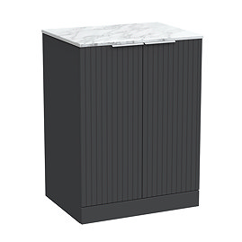 Milan Fluted 600mm Soft Black Vanity Unit - Floor Standing 2-Door Unit with Carrara Marble Worktop & Chrome Handles