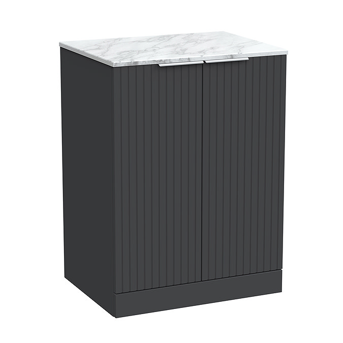 Milan Fluted 600mm Soft Black Vanity Unit - Floor Standing 2-Door Unit with Carrara Marble Worktop & Chrome Handles