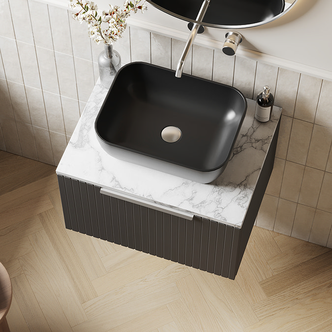Milan Fluted 600mm Soft Black Vanity Unit - Wall Hung 1 Drawer Unit with Carrara Marble Worktop & Chrome Handle