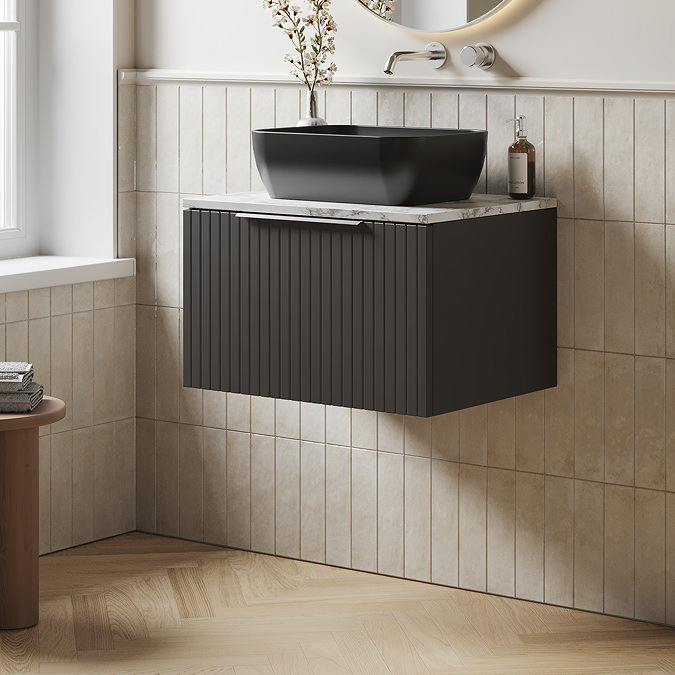 Milan Fluted 600mm Soft Black Vanity Unit - Wall Hung 1 Drawer Unit with Carrara Marble Worktop & Chrome Handle