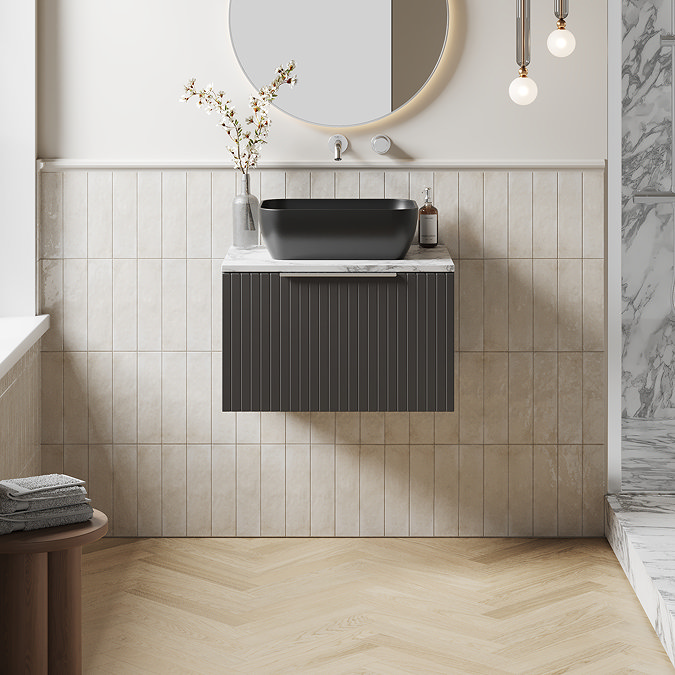 Milan Fluted 600mm Soft Black Vanity Unit - Wall Hung 1 Drawer Unit with Carrara Marble Worktop & Chrome Handle