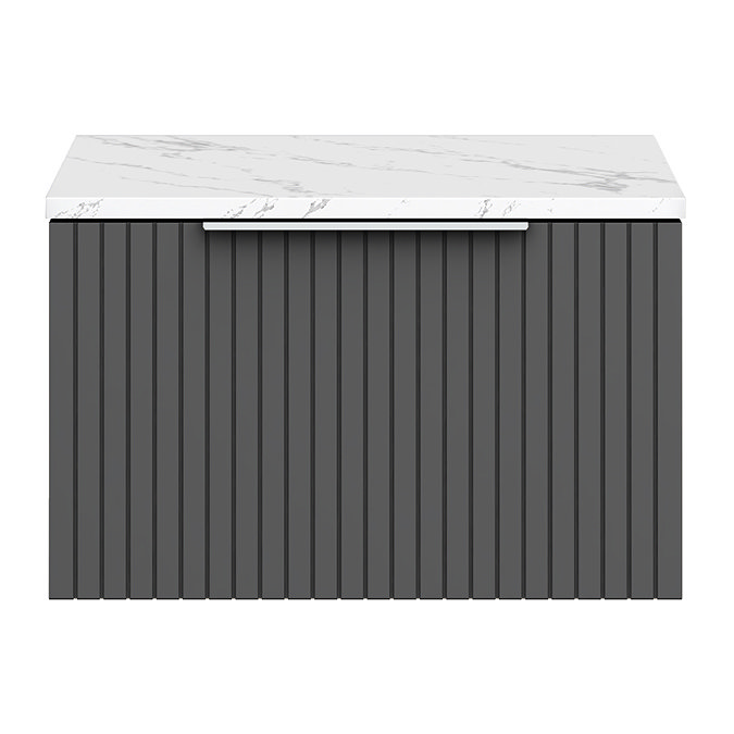 Milan Fluted 600mm Soft Black Vanity Unit - Wall Hung 1 Drawer Unit with Carrara Marble Worktop & Chrome Handle