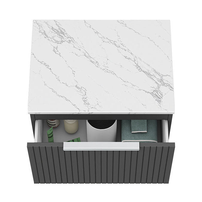 Milan Fluted 600mm Soft Black Vanity Unit - Wall Hung 1 Drawer Unit with Carrara Marble Worktop & Chrome Handle