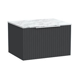 Milan Fluted 600mm Soft Black Vanity Unit - Wall Hung 1 Drawer Unit with Carrara Marble Worktop & Chrome Handle