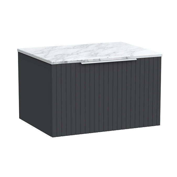 Milan Fluted 600mm Soft Black Vanity Unit - Wall Hung 1 Drawer Unit with Carrara Marble Worktop & Chrome Handle