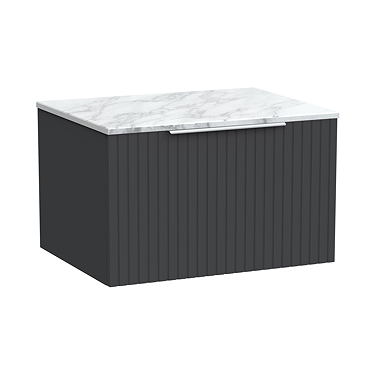 Milan Fluted 600mm Soft Black Vanity Unit - Wall Hung 1 Drawer Unit with Carrara Marble Worktop & Chrome Handle