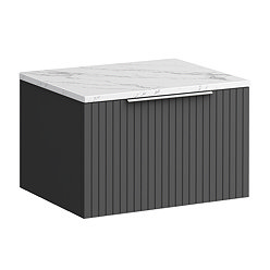 Milan Fluted 600mm Soft Black Vanity Unit - Wall Hung 1 Drawer Unit with Carrara Marble Worktop & Chrome Handle