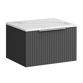 Milan Fluted 600mm Soft Black Vanity Unit - Wall Hung 1 Drawer Unit with Carrara Marble Worktop & Chrome Handle