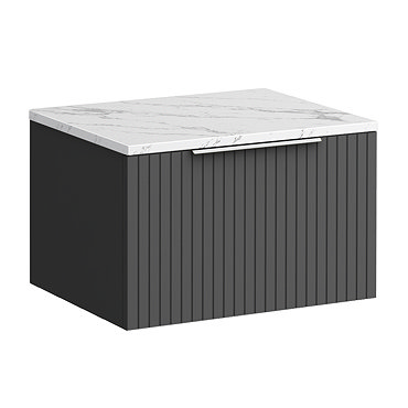 Milan Fluted 600mm Soft Black Vanity Unit - Wall Hung 1 Drawer Unit with Carrara Marble Worktop & Chrome Handle
