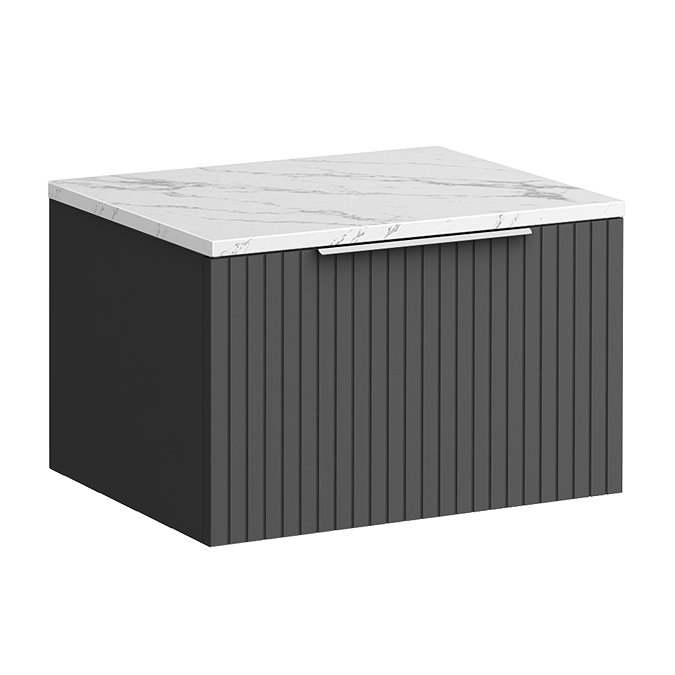 Milan Fluted 600mm Soft Black Vanity Unit - Wall Hung 1 Drawer Unit with Carrara Marble Worktop & Chrome Handle