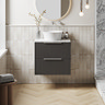 Milan Fluted 600mm Soft Black Vanity Unit - Wall Hung 2 Drawer Unit with Carrara Marble Worktop & Chrome Handles