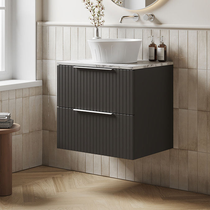 Milan Fluted 600mm Soft Black Vanity Unit - Wall Hung 2 Drawer Unit with Carrara Marble Worktop & Chrome Handles
