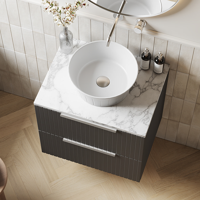 Milan Fluted 600mm Soft Black Vanity Unit - Wall Hung 2 Drawer Unit with Carrara Marble Worktop & Chrome Handles