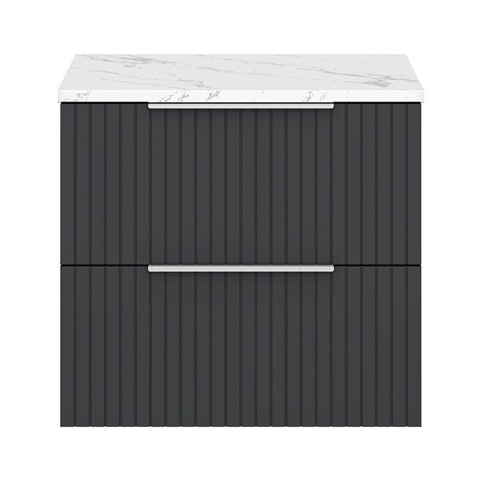 Milan Fluted 600mm Soft Black Vanity Unit - Wall Hung 2 Drawer Unit with Carrara Marble Worktop & Chrome Handles