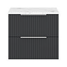 Milan Fluted 600mm Soft Black Vanity Unit - Wall Hung 2 Drawer Unit with Carrara Marble Worktop & Chrome Handles