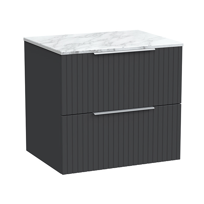 Milan Fluted 600mm Soft Black Vanity Unit - Wall Hung 2 Drawer Unit with Carrara Marble Worktop & Chrome Handles