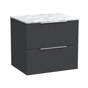 Milan Fluted 600mm Soft Black Vanity Unit - Wall Hung 2 Drawer Unit with Carrara Marble Worktop & Chrome Handles