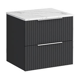 Milan Fluted 600mm Soft Black Vanity Unit - Wall Hung 2 Drawer Unit with Carrara Marble Worktop & Chrome Handles