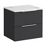 Milan Fluted 600mm Soft Black Vanity Unit - Wall Hung 2 Drawer Unit with Carrara Marble Worktop & Chrome Handles