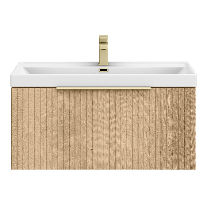 Milan Fluted 800mm Autumn Oak 1-Drawer Wall Hung Vanity Unit with Brushed Brass Handle