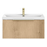 Milan Fluted 800mm Autumn Oak 1-Drawer Wall Hung Vanity Unit with Brushed Brass Handle