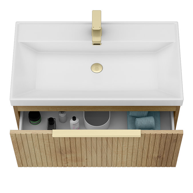 Milan Fluted 800mm Autumn Oak 1-Drawer Wall Hung Vanity Unit with Brushed Brass Handle