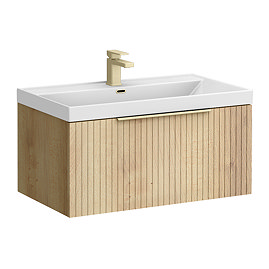 Milan Fluted 800mm Autumn Oak 1-Drawer Wall Hung Vanity Unit with Brushed Brass Handle