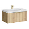 Milan Fluted 800mm Autumn Oak 1-Drawer Wall Hung Vanity Unit with Brushed Brass Handle