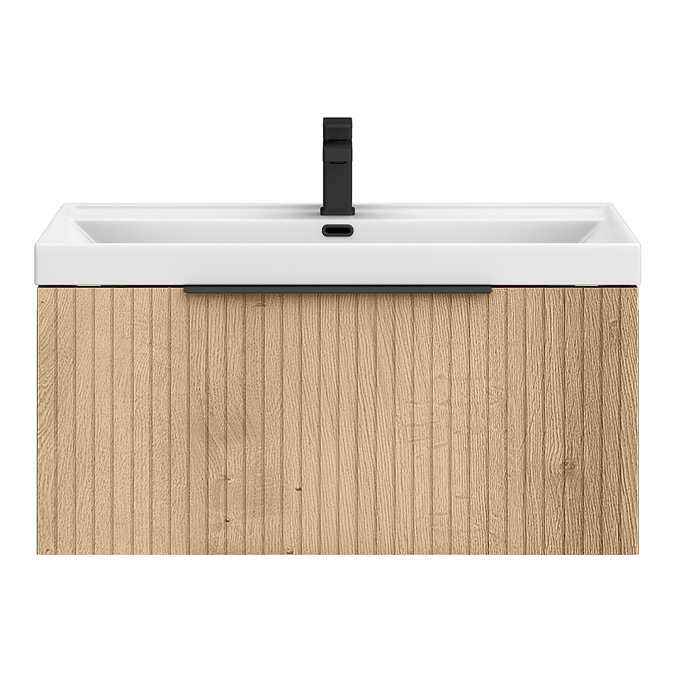 Milan Fluted 800mm Autumn Oak 1-Drawer Wall Hung Vanity Unit with Matt Black Handle