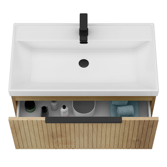 Milan Fluted 800mm Autumn Oak 1-Drawer Wall Hung Vanity Unit with Matt Black Handle